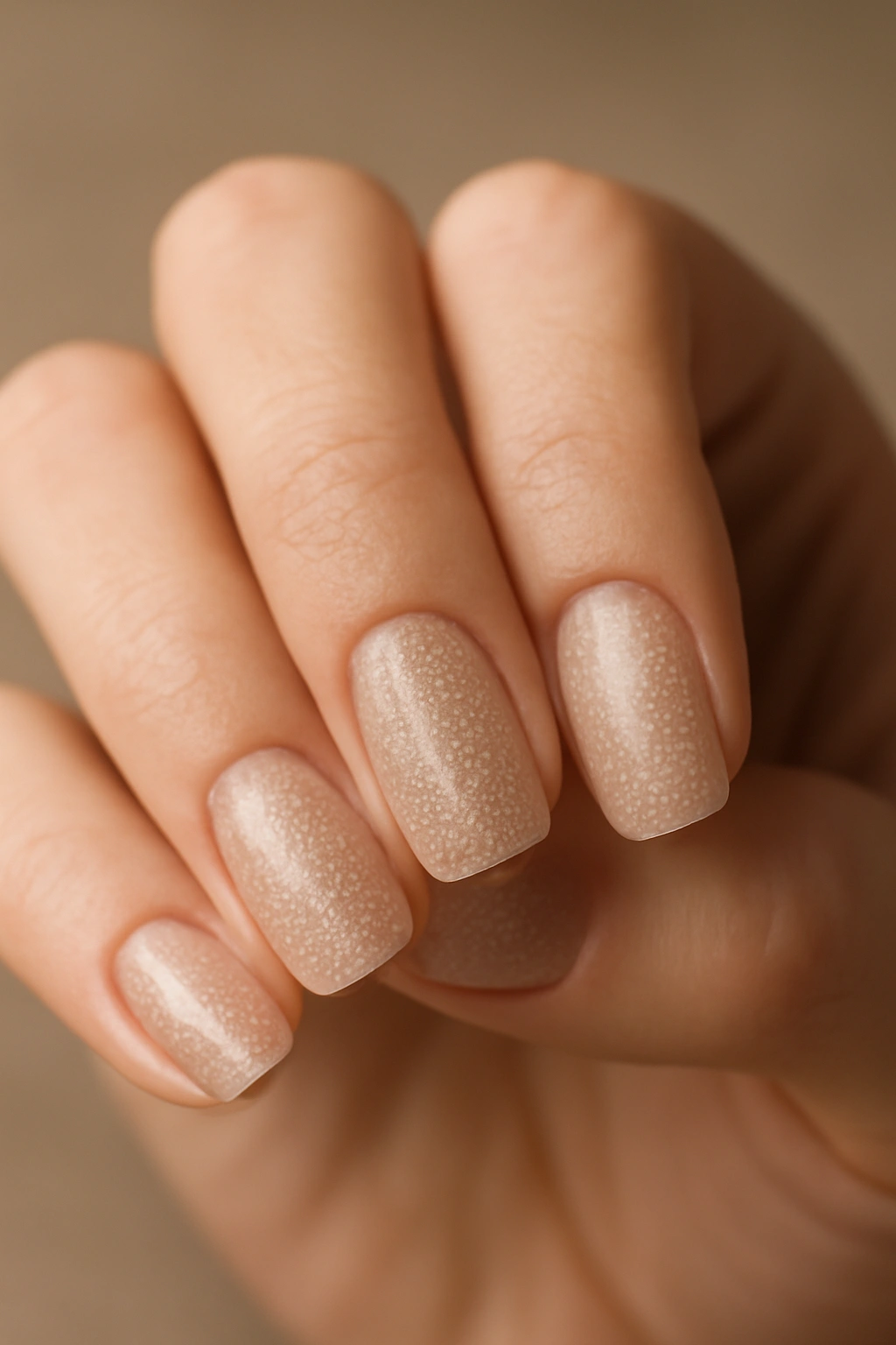 Close-up of nails with fine micro-glitter shimmer