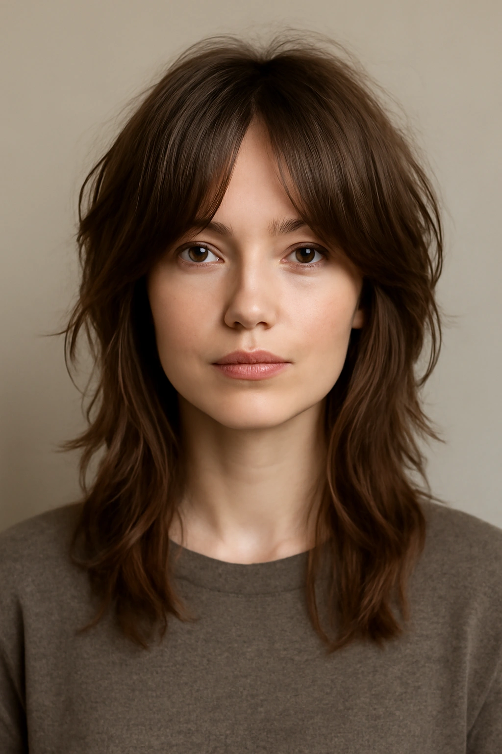 Mid-length shag with curtain bangs sweeping away from face