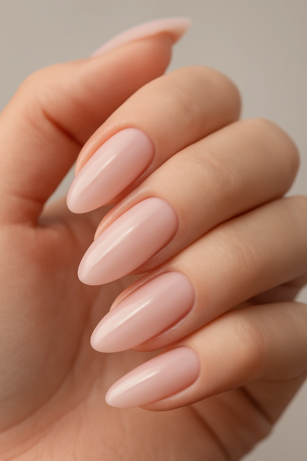 Milky pink almond nails with soft opacity