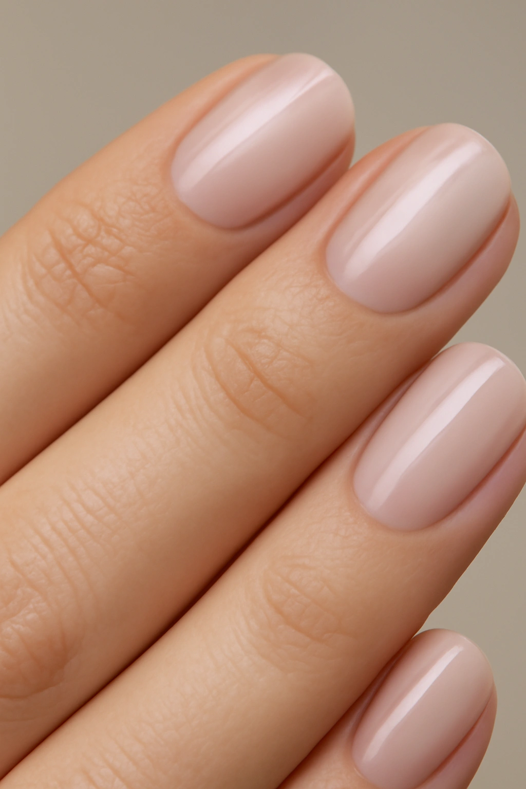 Close-up of milky pink nails masking discoloration with slight opacity.