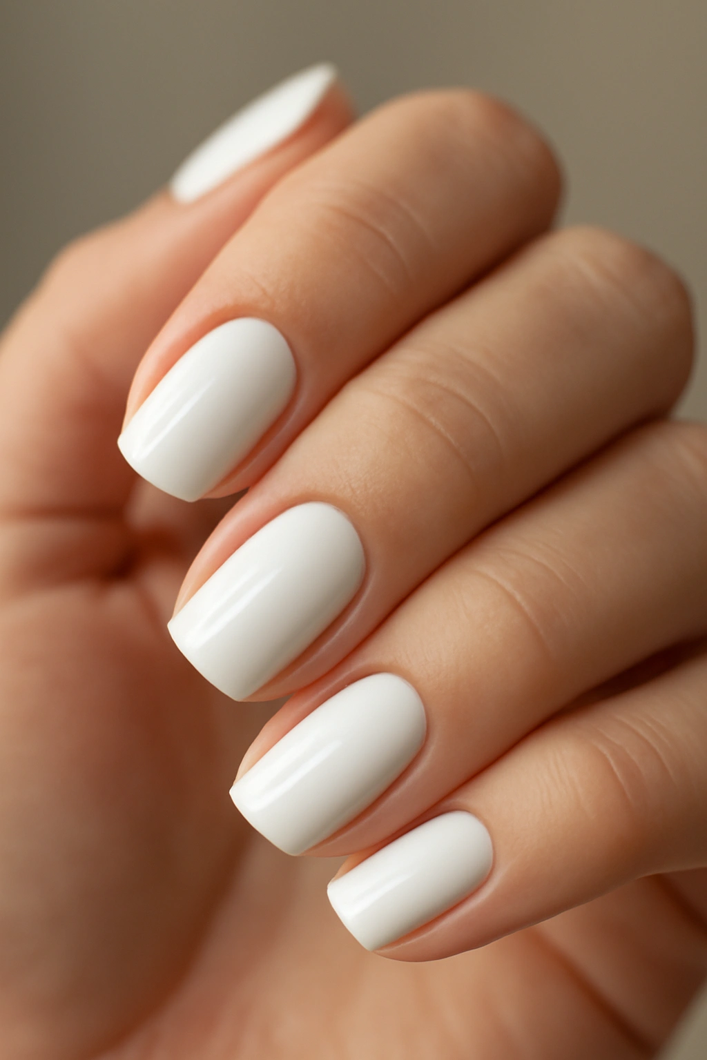 Close-up of a hand with milky white nails in an opaque finish under soft studio lighting