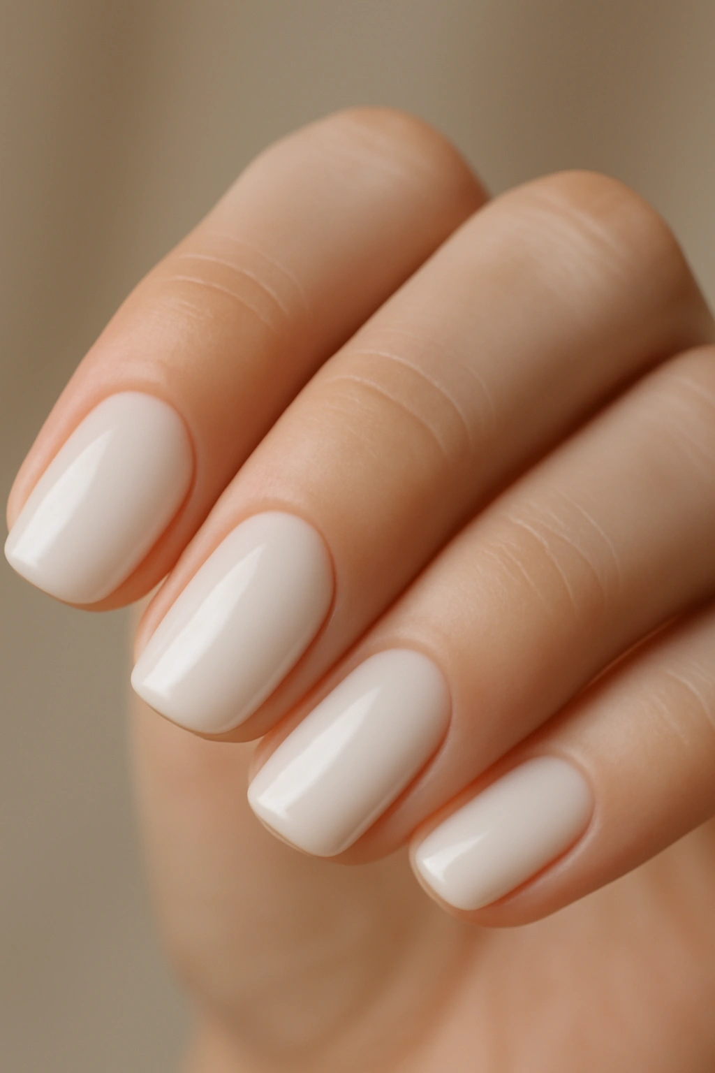 Close-up of milky white nails on a hand with a clean finish.
