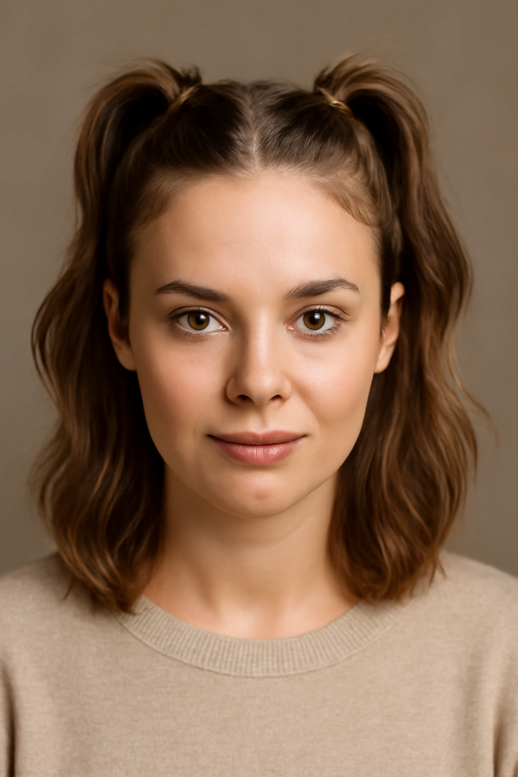 Close-up of two small high ponytails at the crown