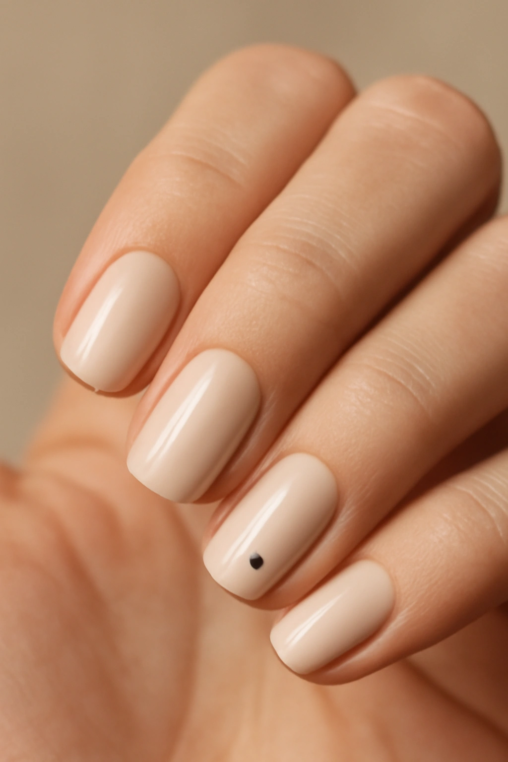 Close-up of nails with tiny contrasting color dots at the base on a pale neutral manicure