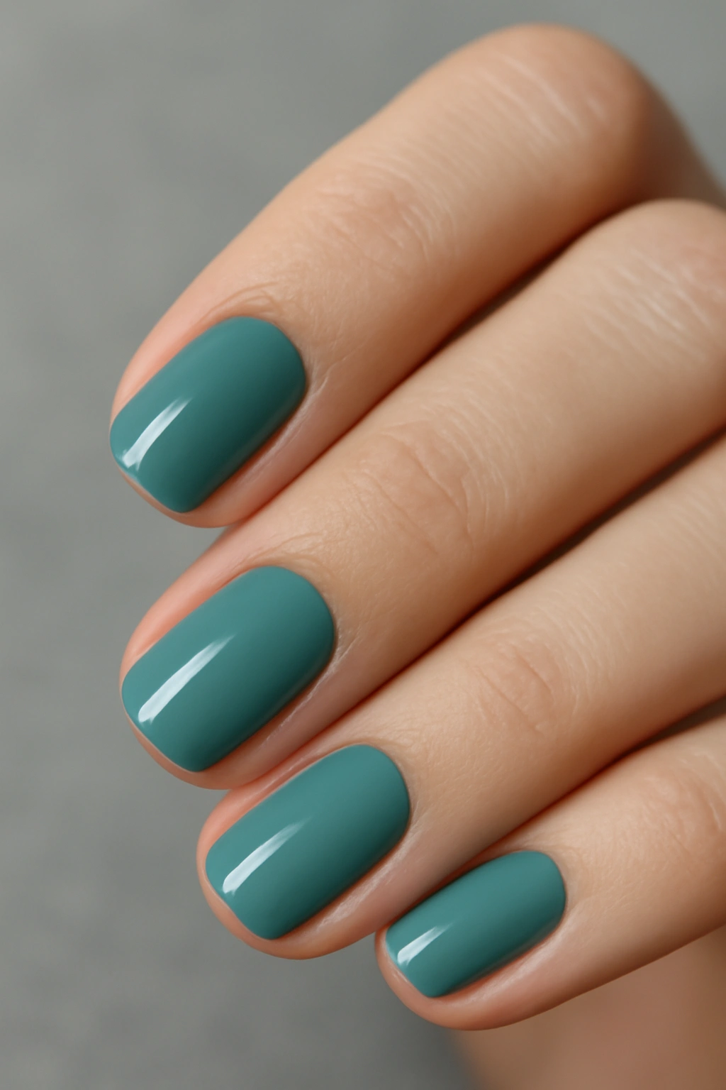 Close-up of a hand with muted blue-teal nails in a desaturated tone under studio lighting