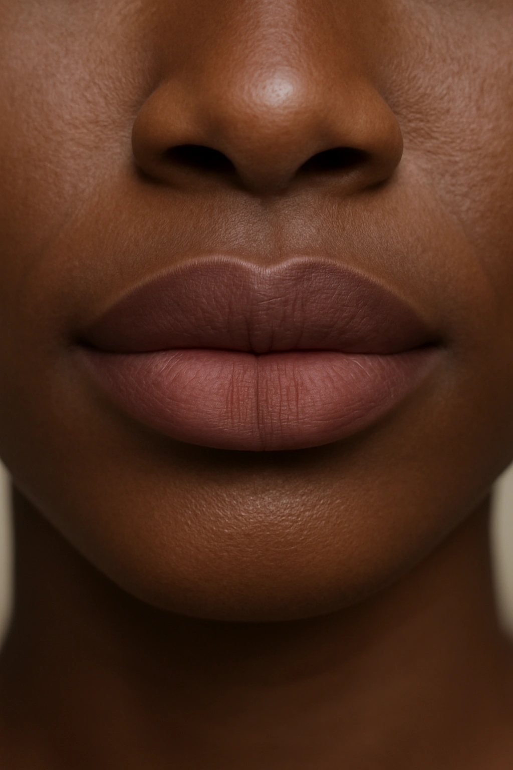 Close-up of lips in muted mauve lipstick on dark skin