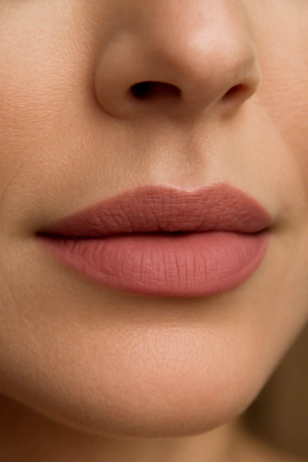 Close-up of lips in muted pink lipstick, dusty sophisticated tone