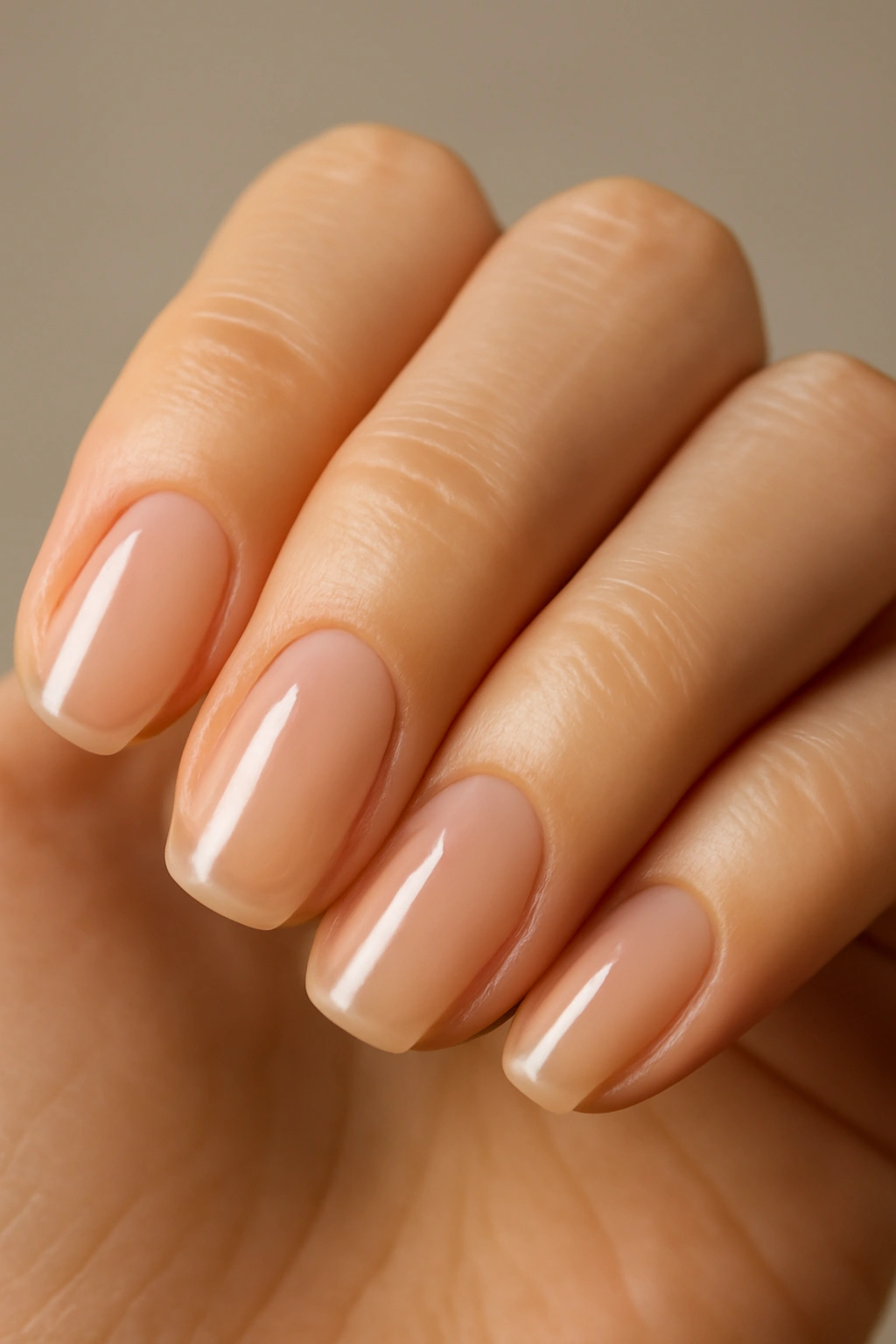 Natural nails with clear gel overlay, close-up