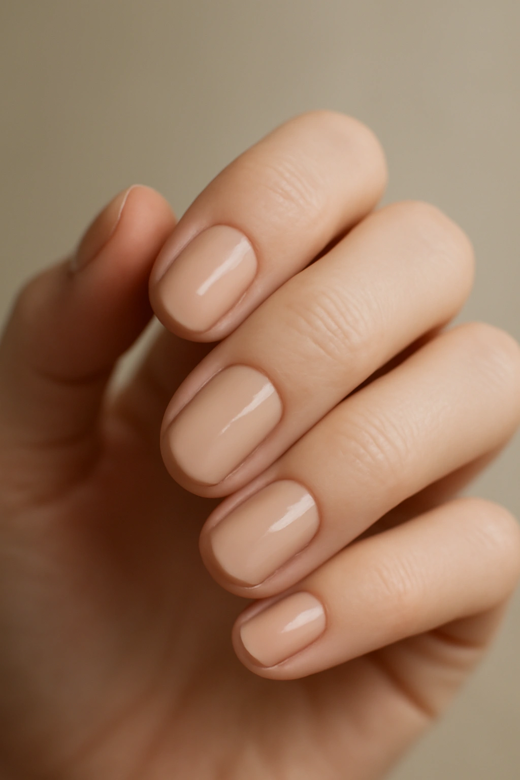 Close-up of short rounded nails with nude gel polish on a hand, studio lighting