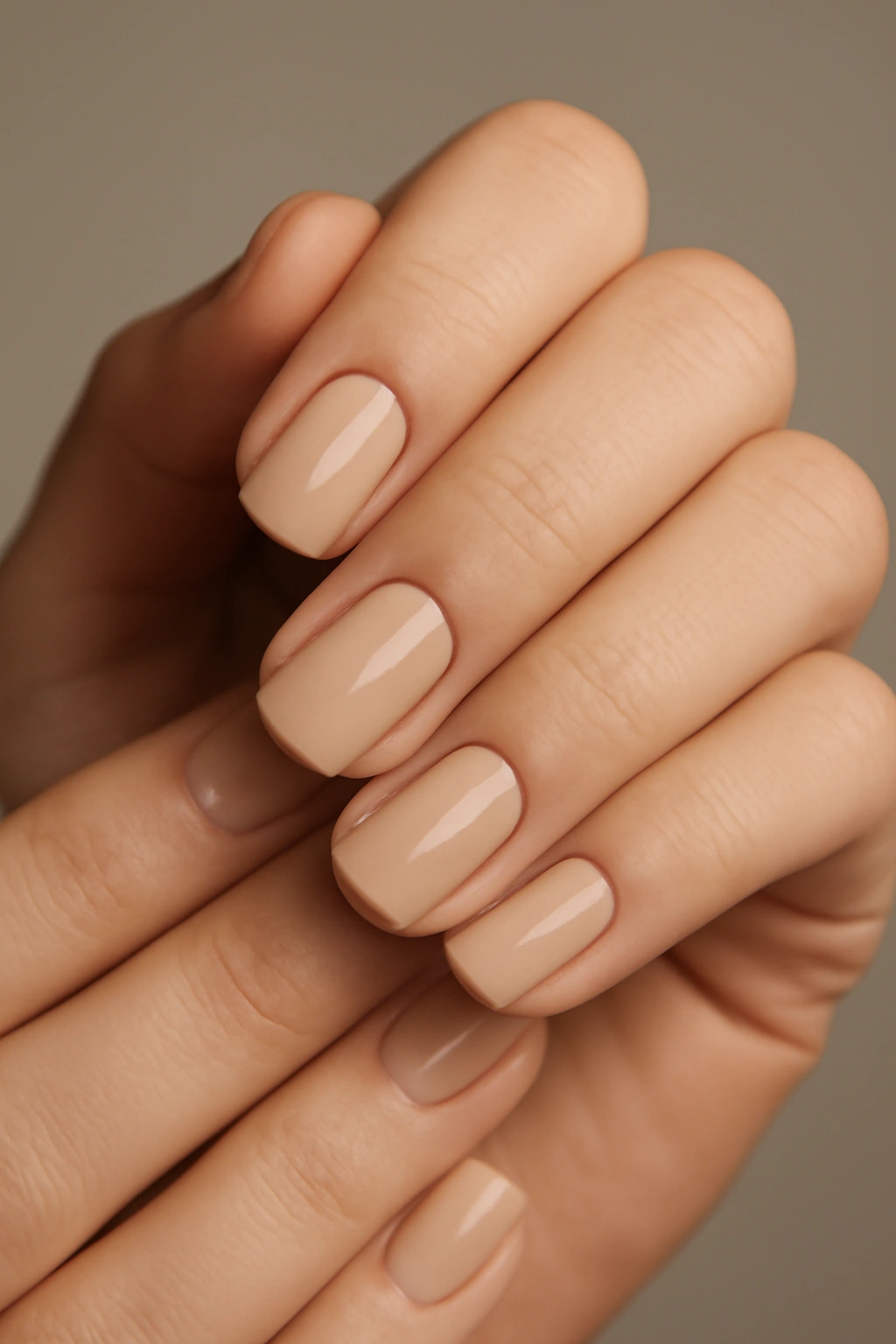 Close-up of natural beige short square nails