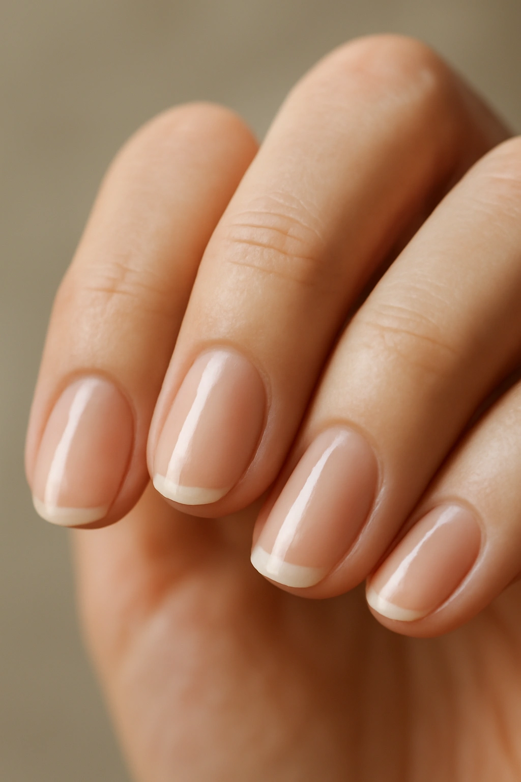 Close-up of natural nails with buffed shine and no polish