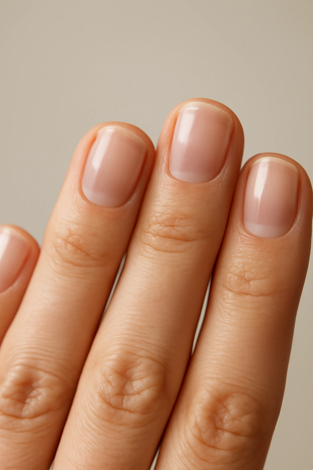 Close-up of natural nails with clear polish on a hand
