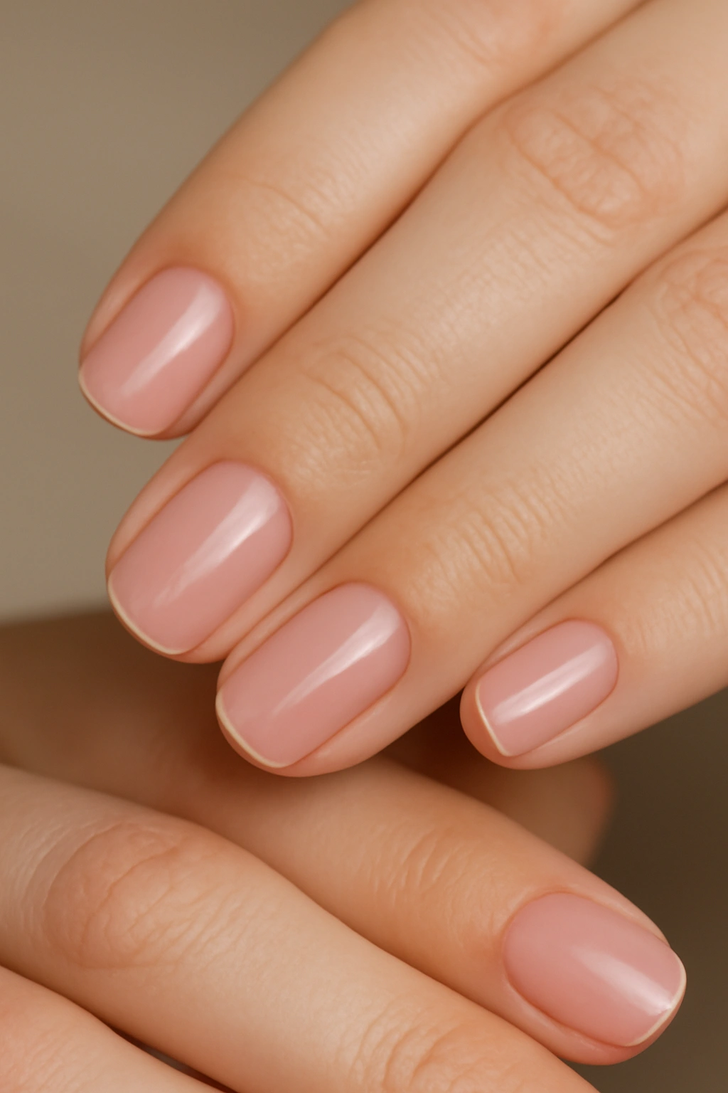 Close-up of hands showing natural pink nail beds with sheer nude polish