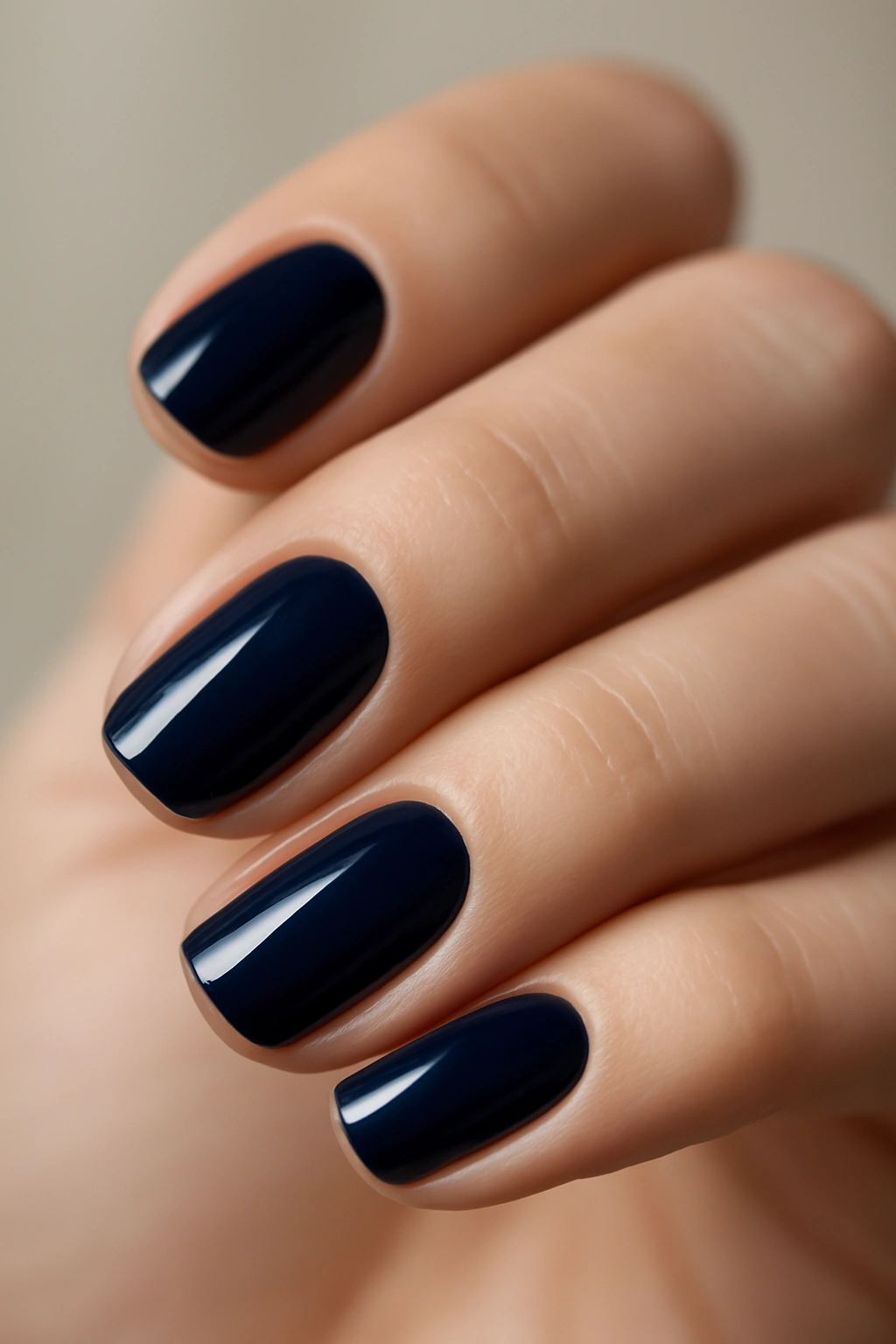 Close-up of navy blue nails with a glossy finish