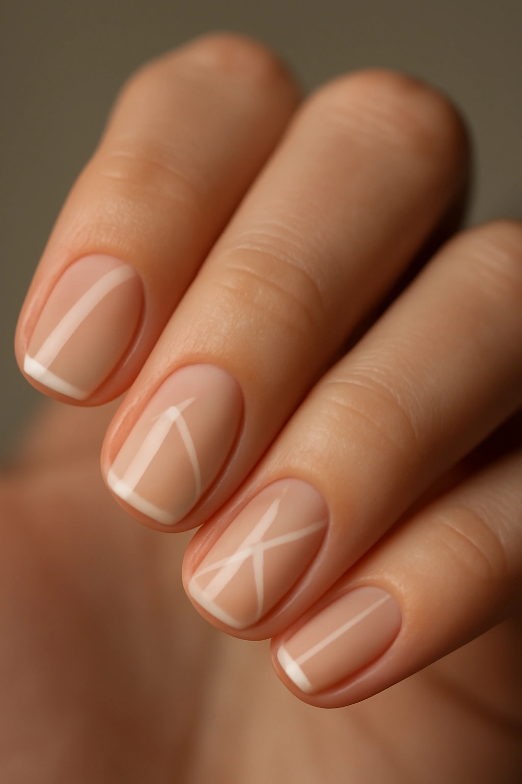Close-up of nails featuring negative-space geometric patterns in a chic office manicure