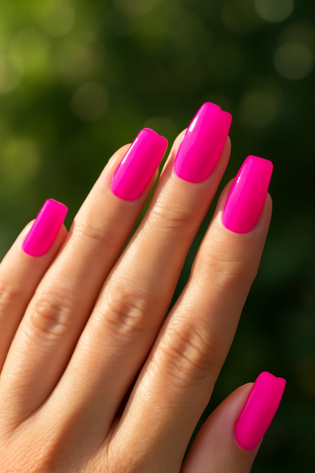 Close-up of neon pink nails glowing in natural light