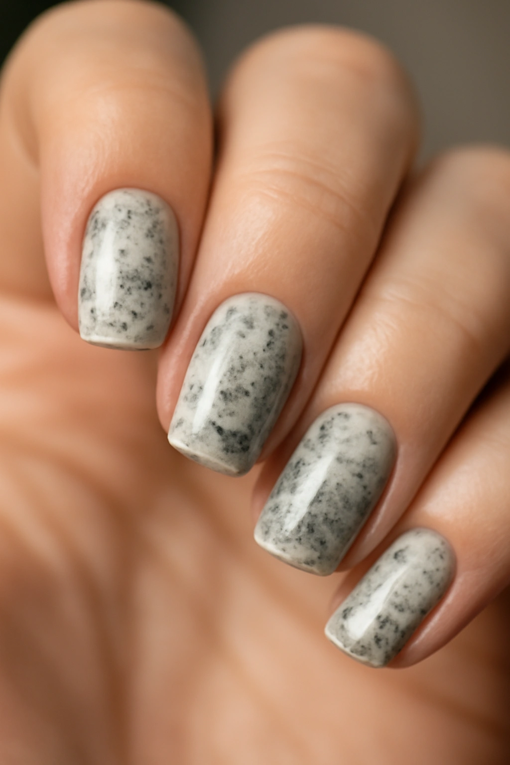 Nails with grayscale abstract newspaper print pattern (no letters)