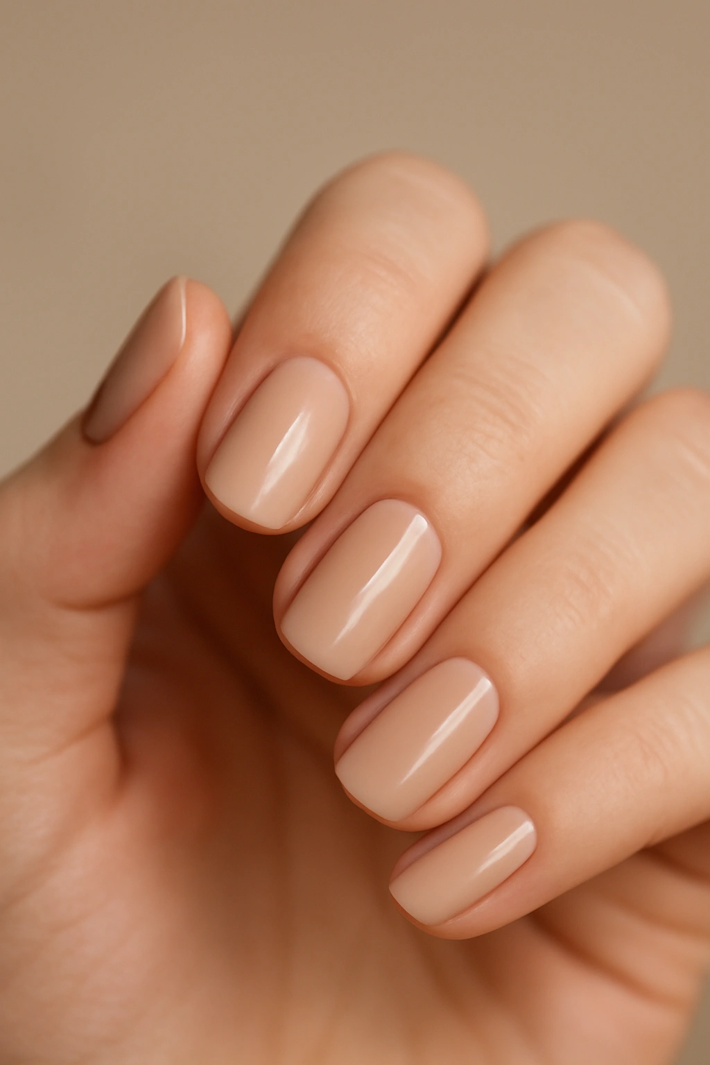 Nails painted in nude beige solid color with smooth finish