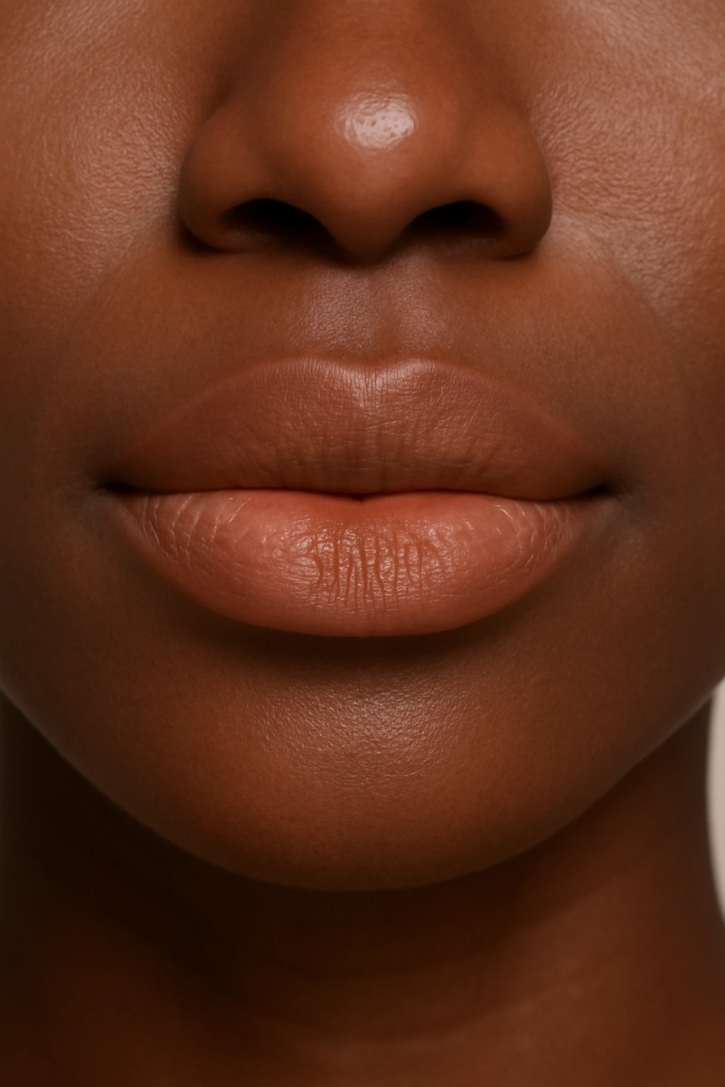 Brown-toned nude lipstick in a caramel shade on a woman with a dark skin tone