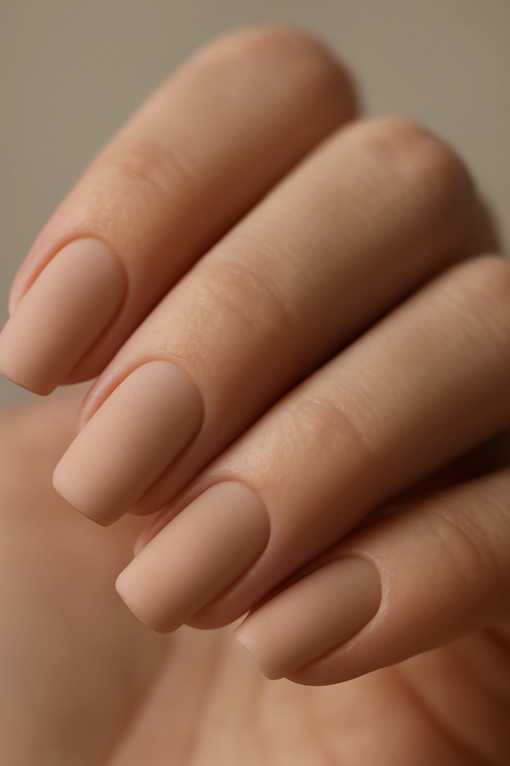 Close-up of nude nails with velvety matte finish