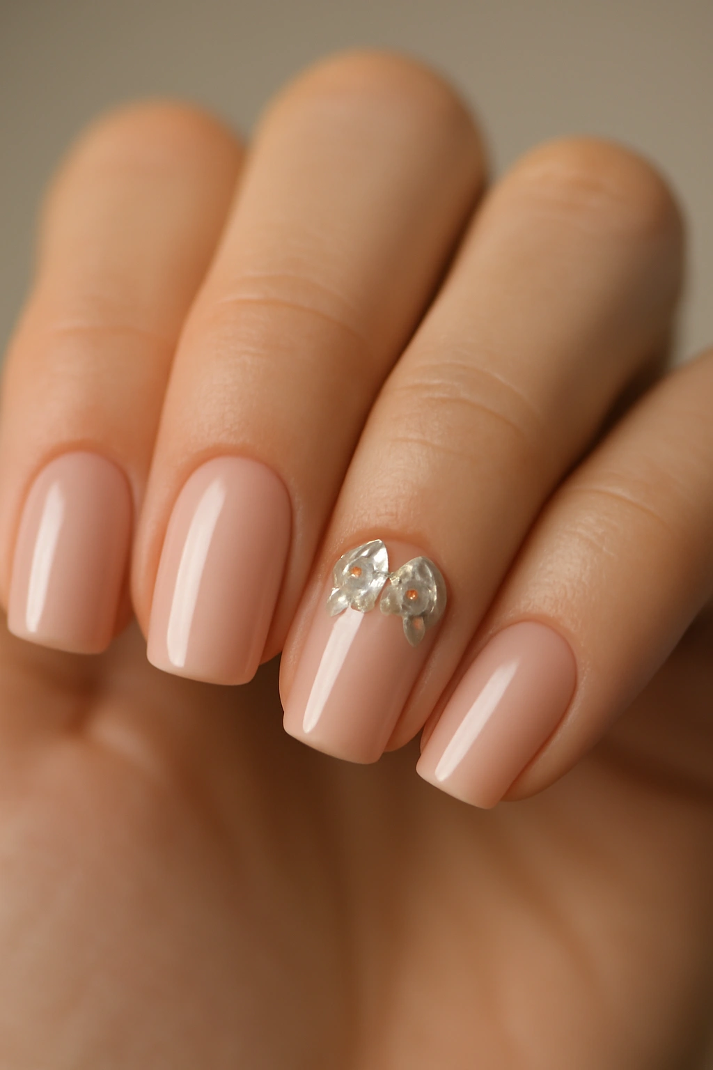 Close-up of nude nails with rhinestones on the ring finger.