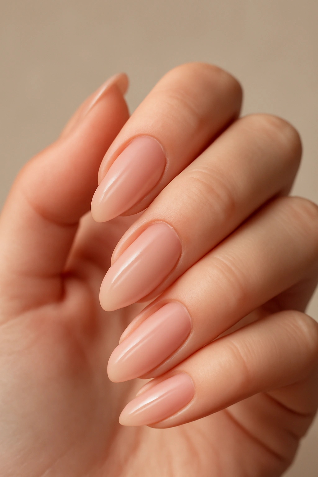 Nude pink almond nails close-up