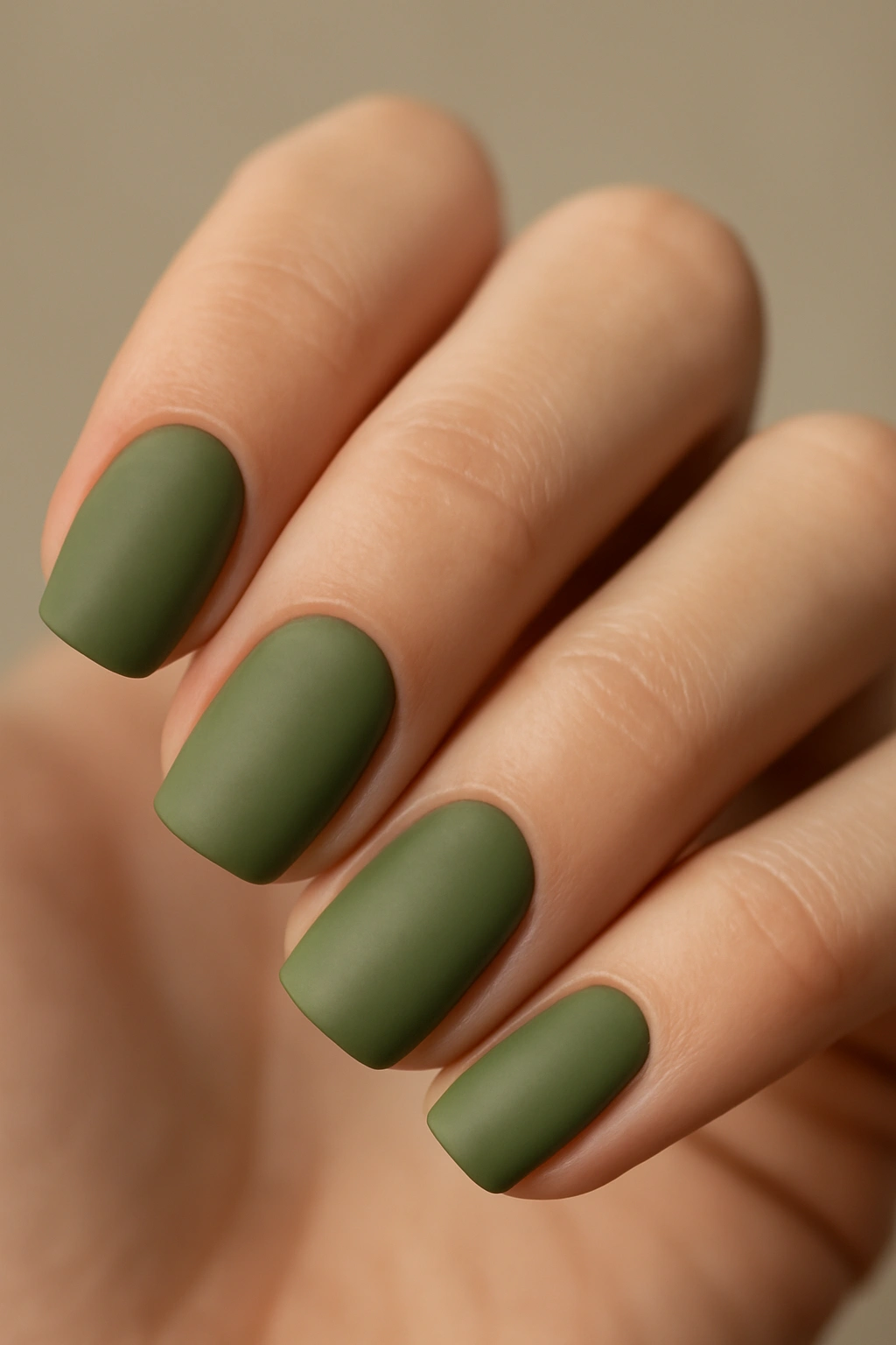 Close-up of matte olive green nails on fingertips