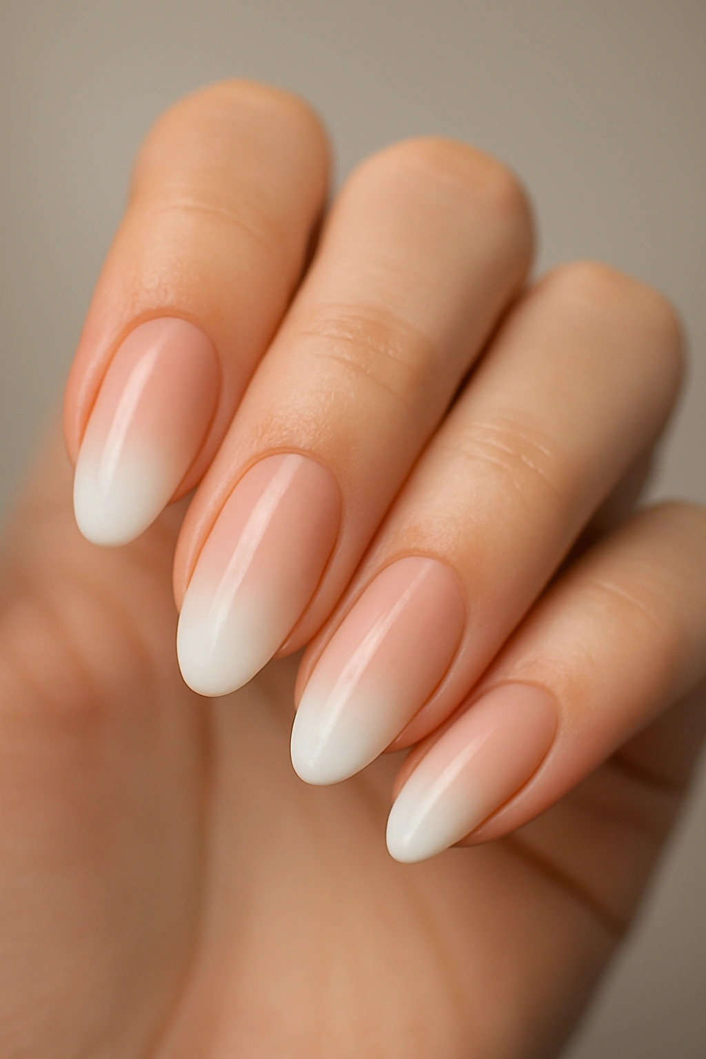 Close-up of nails showing an ombre nude-to-white gradient with glossy finish