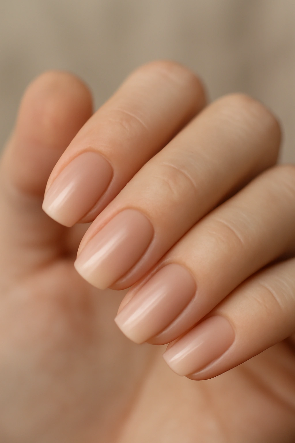 Close-up of nails with nude to pink beige ombre manicure
