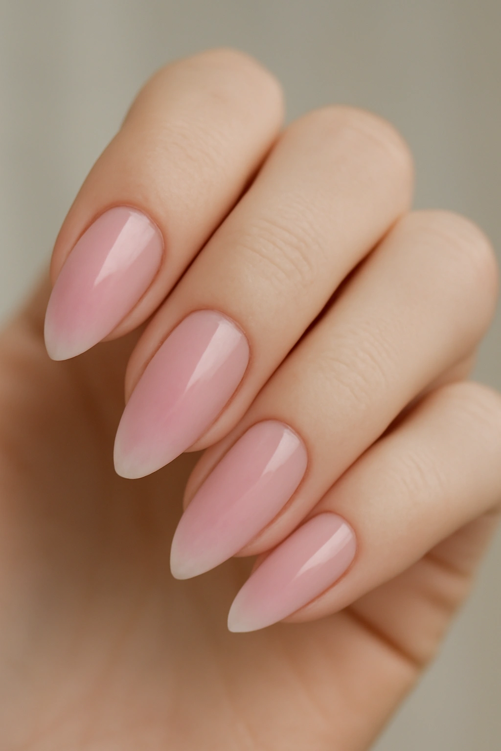 Almond nails with pink ombre from tip to cuticle