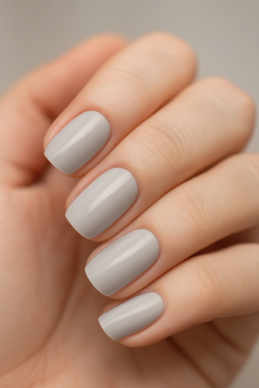 Close-up of pale grey nails in a modern neutral manicure