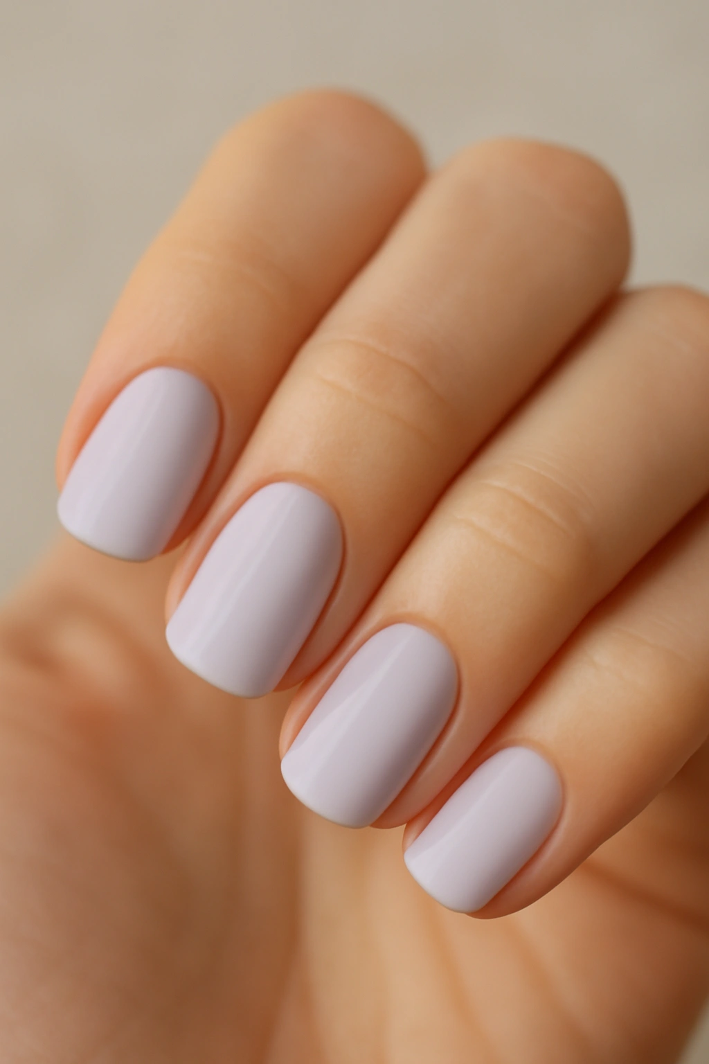 Close-up of nails in pale lavender shade with soft neutral tone