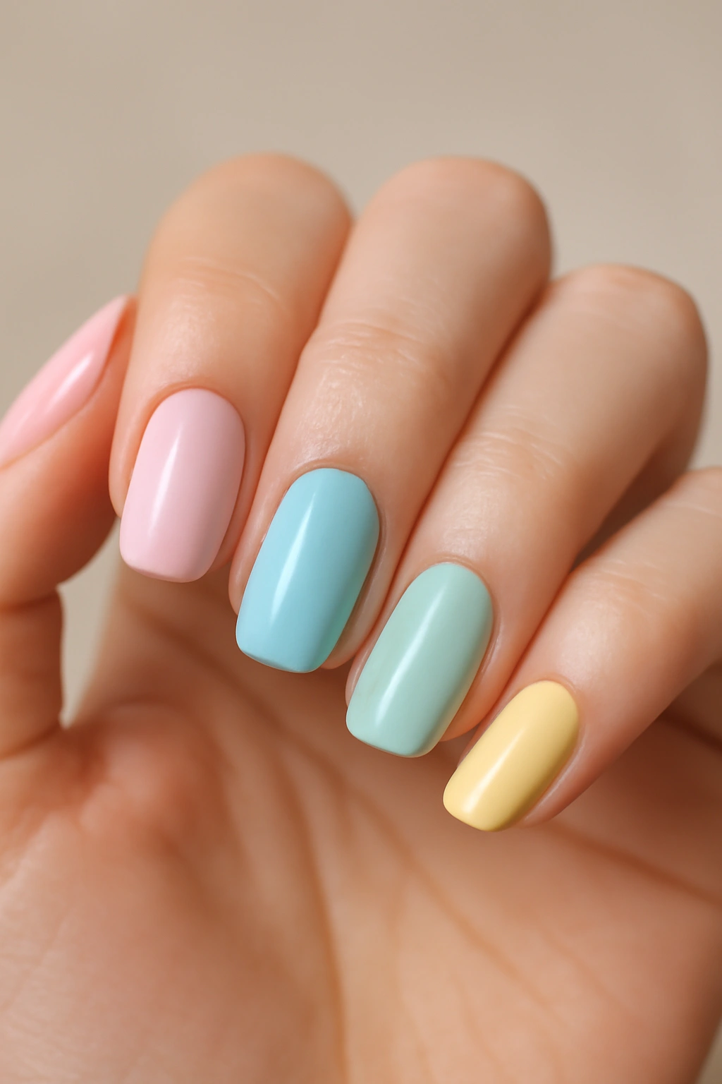 Hand displaying pastel rainbow nails on five fingers