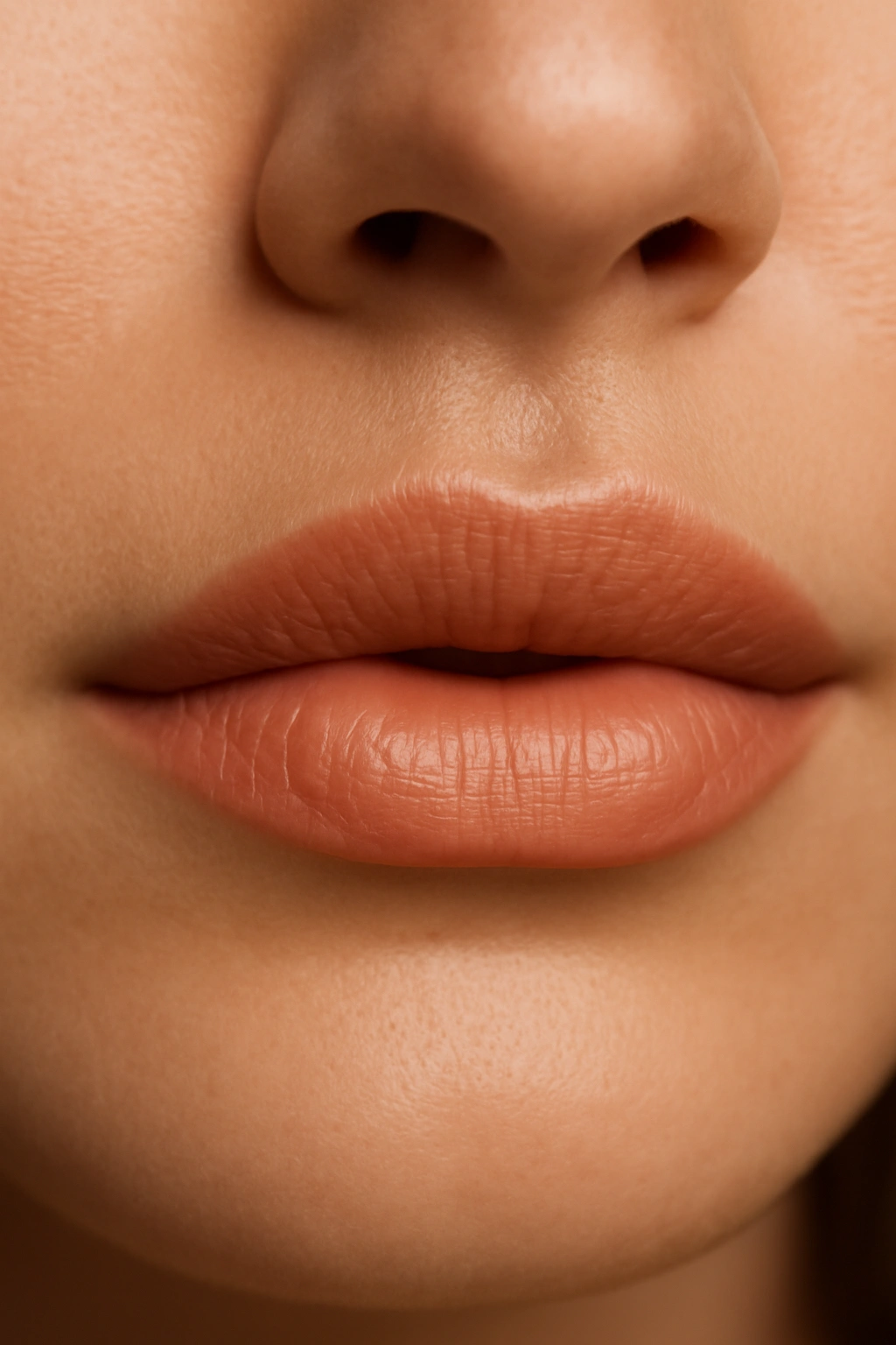 Close-up of lips in peachy nude lipstick with warm glow.