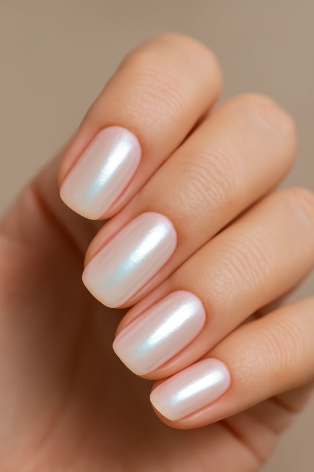 Close-up of nails with pearlescent iridescent finish