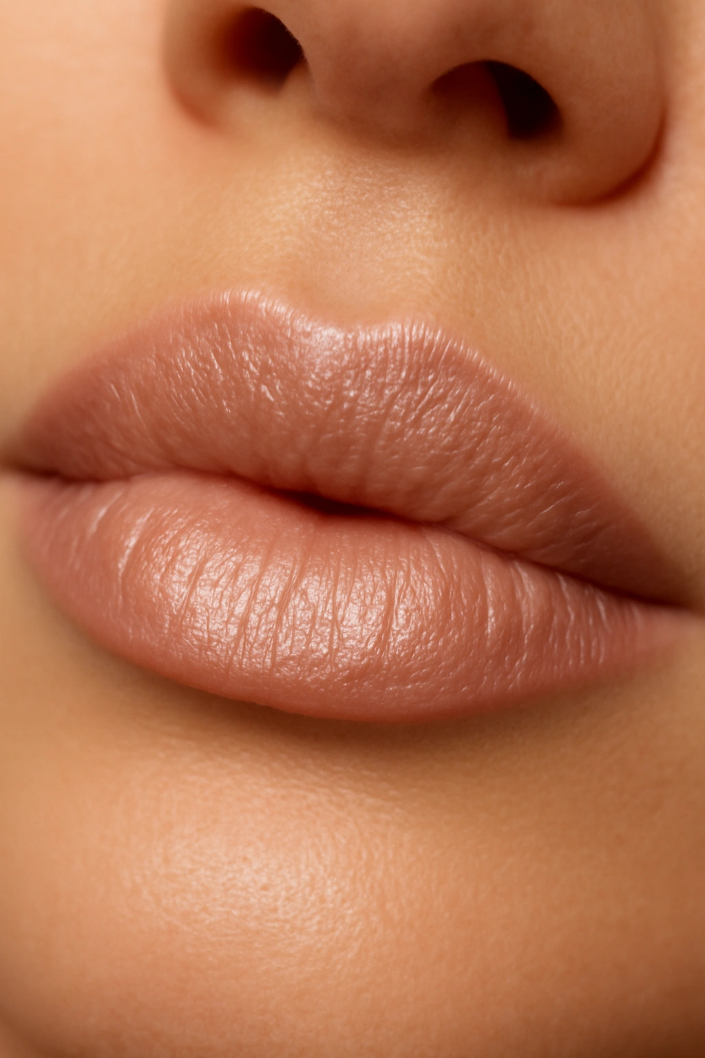 Close-up lips in pearlized nude lipstick with luminous finish.