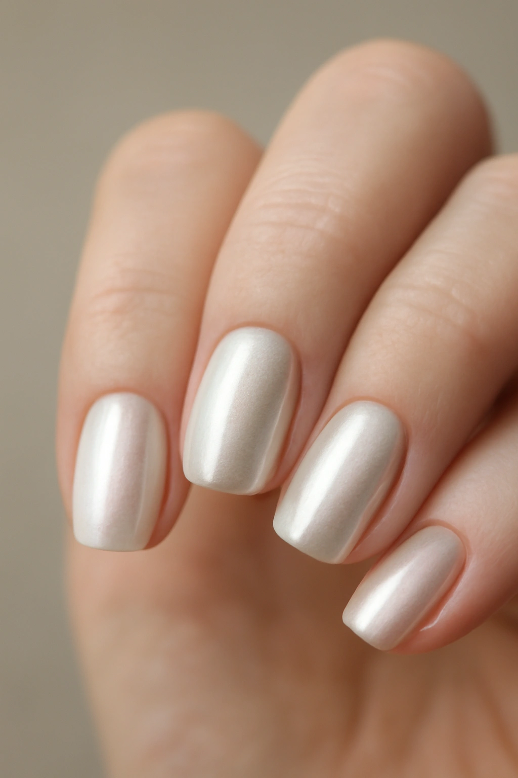 Nails with pearly iridescent finish and soft shimmer