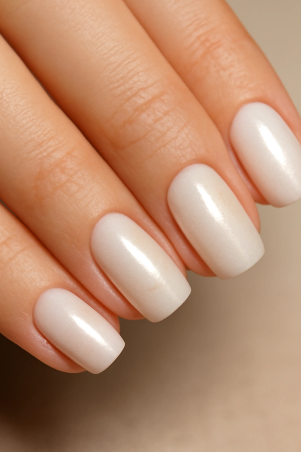 Close-up of hands with pearly white or ivory nails in a glossy manicure
