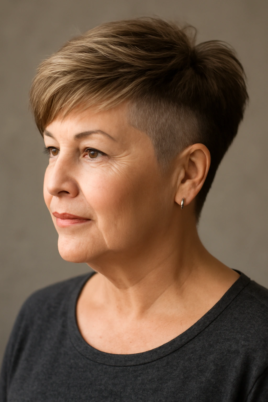 Portrait of pixie bob with undercut showing top length and shaved side.