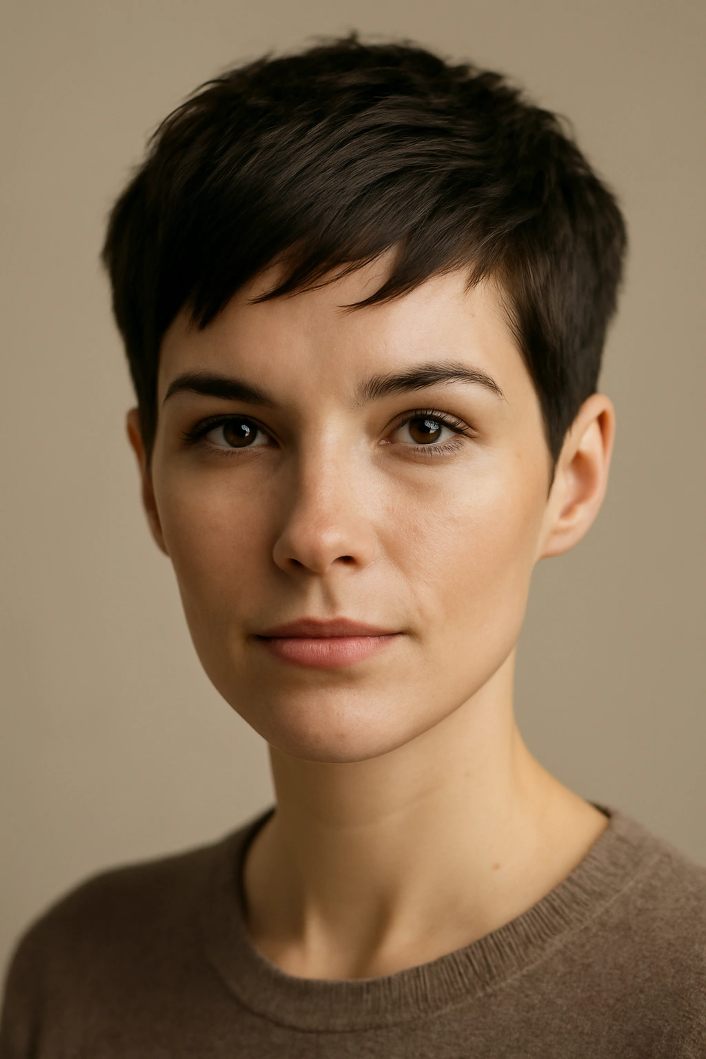 Close-up of woman with classic pixie cut, short sides and longer top