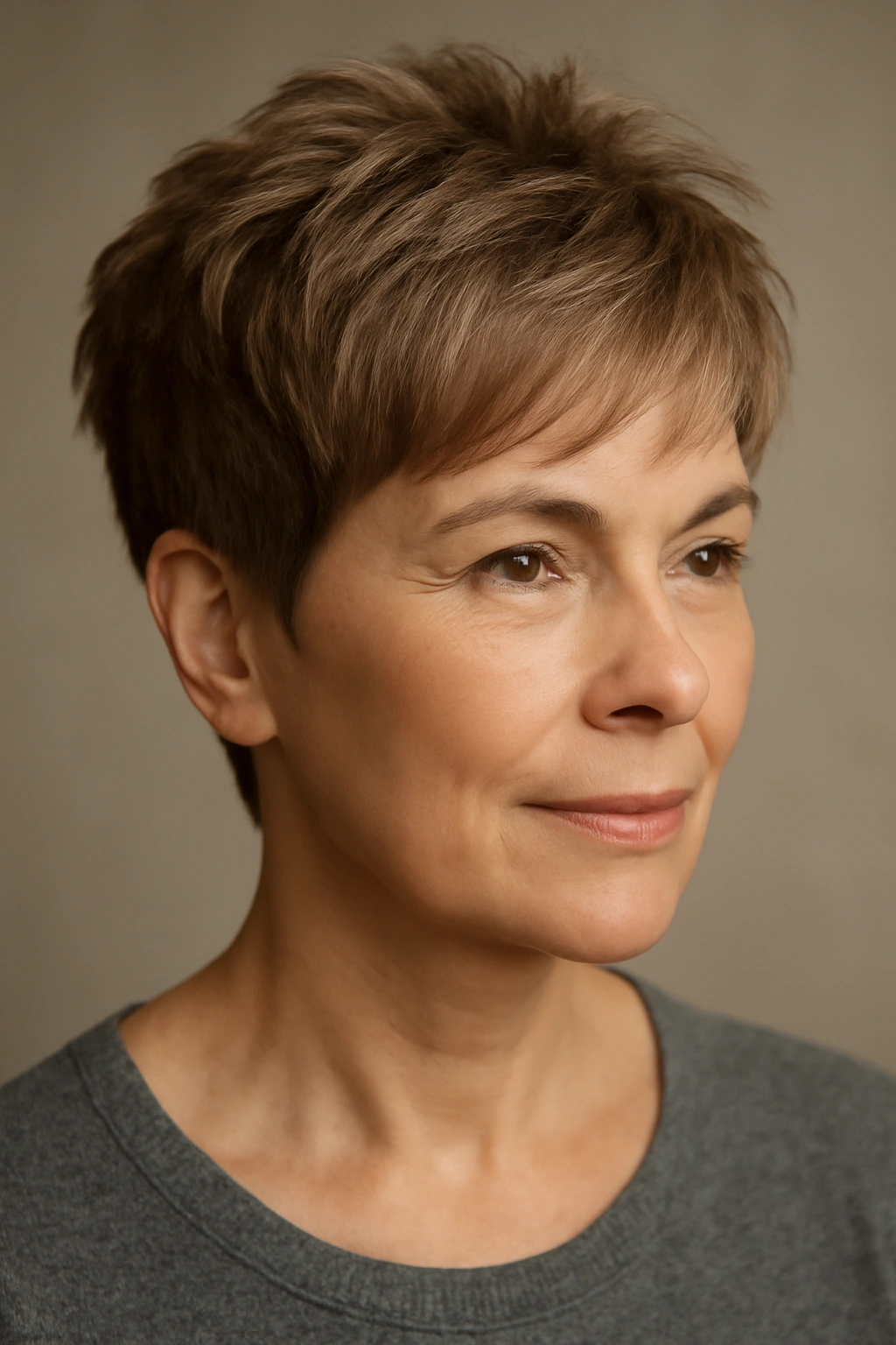 Close-up of a woman with crown-layer pixie haircut showing crown volume and lift
