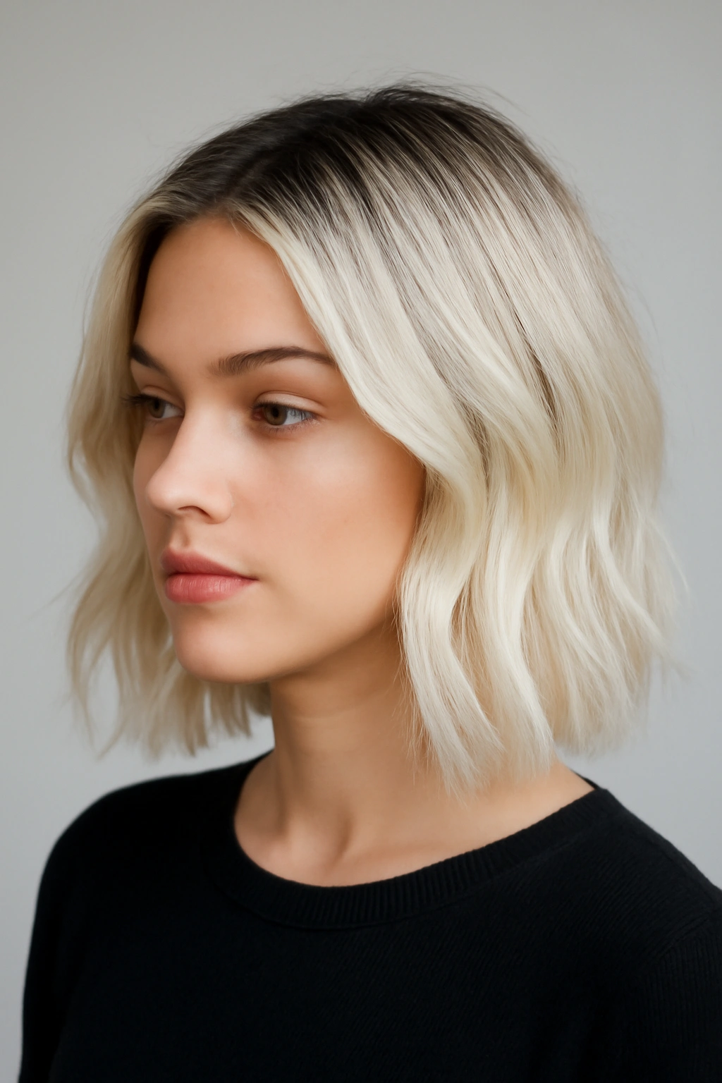Platinum blonde hair with dark roots and contrast