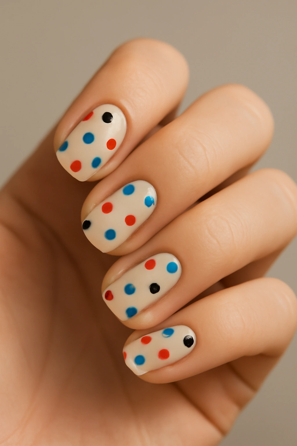 Close-up of nails with polka dot design on each fingertip