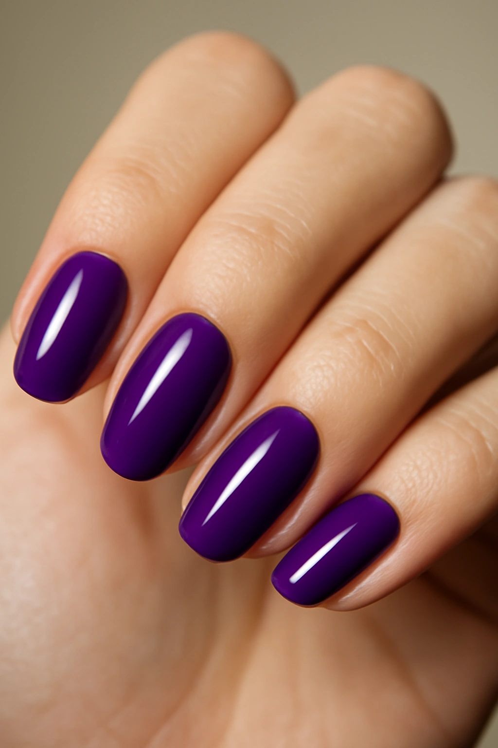 Close-up of saturated purple nails with glossy finish