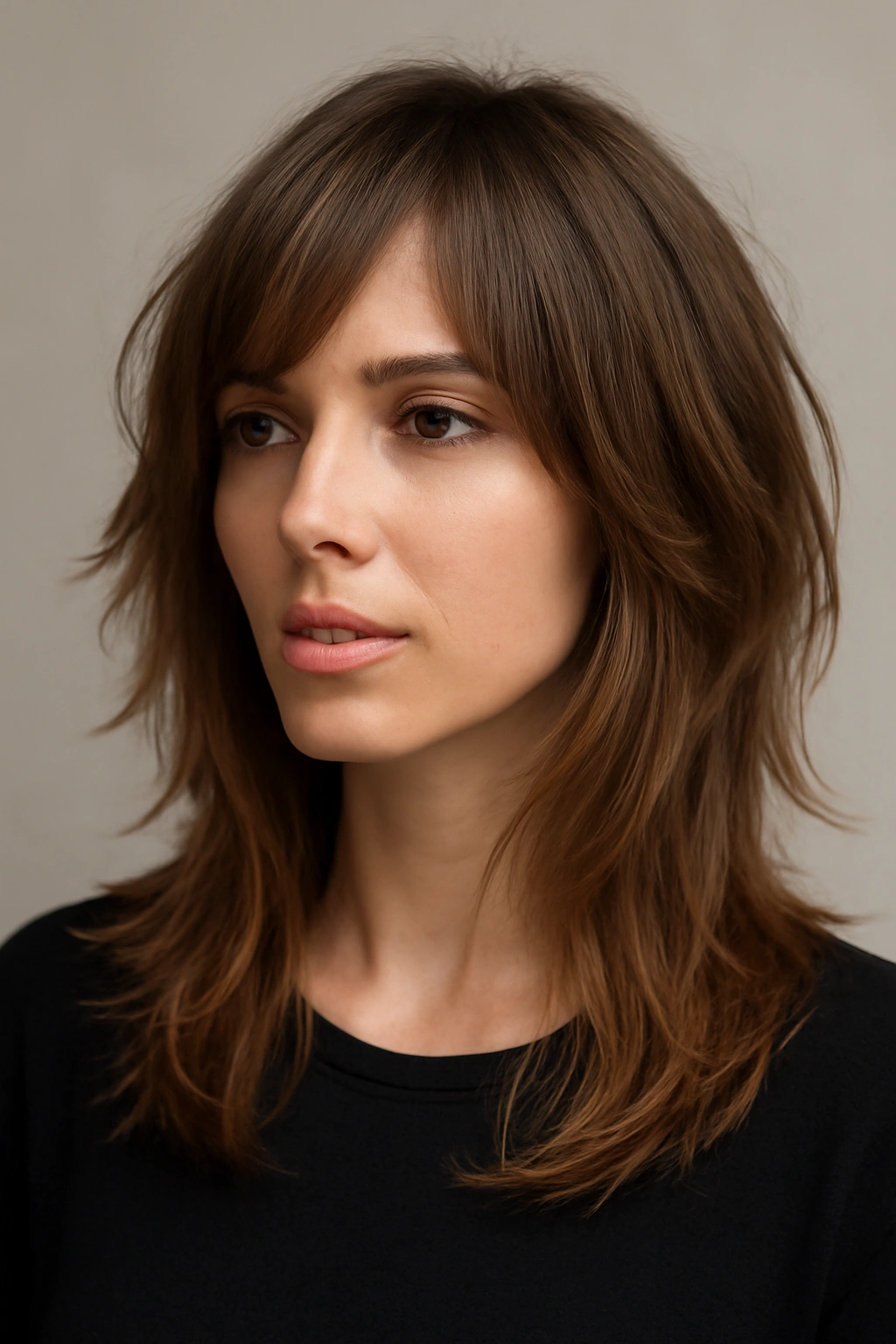 Shoulder-length hair with razor-cut, wispy layers and movement