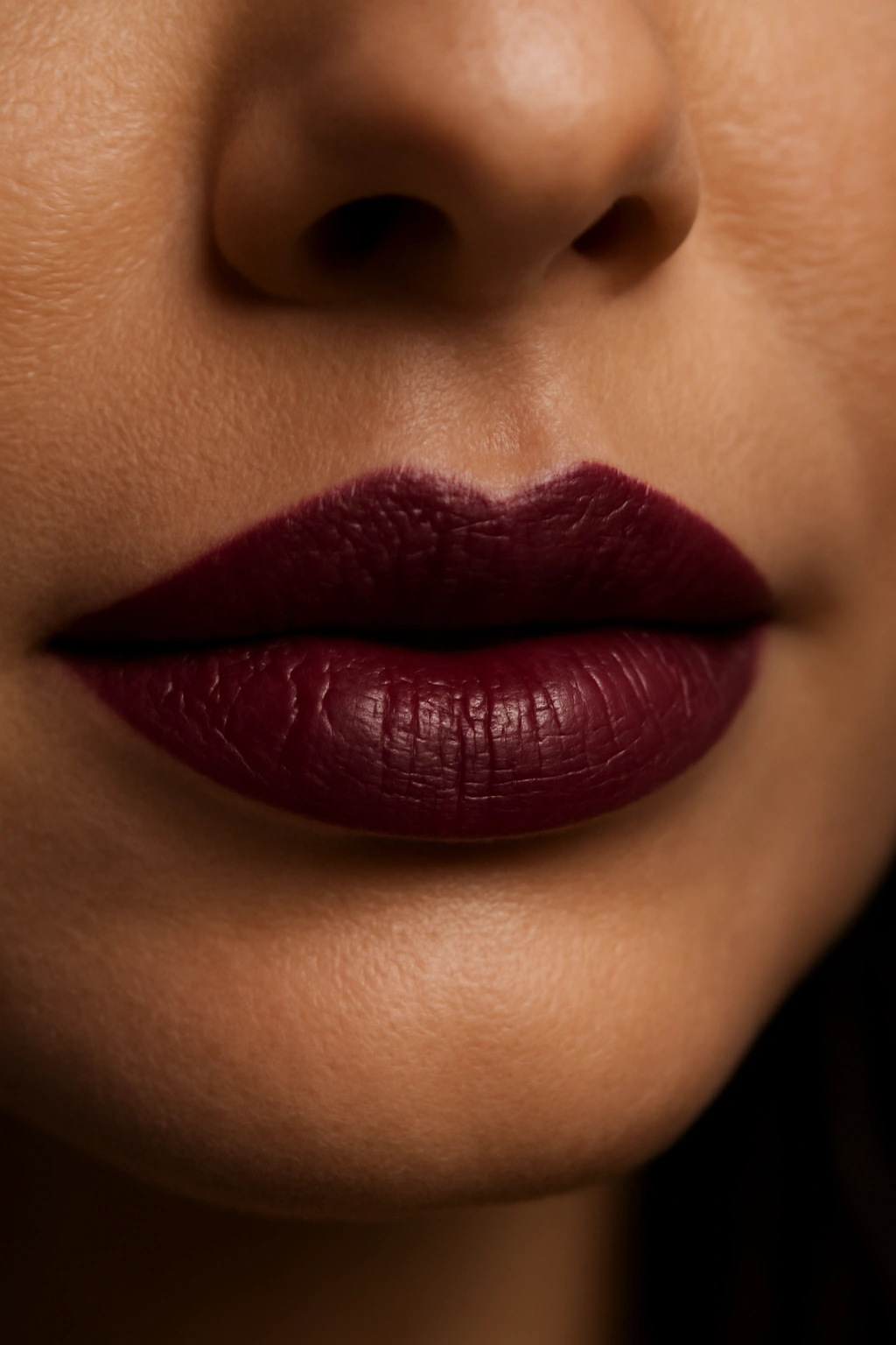 Close-up of lips in rich plum lipstick
