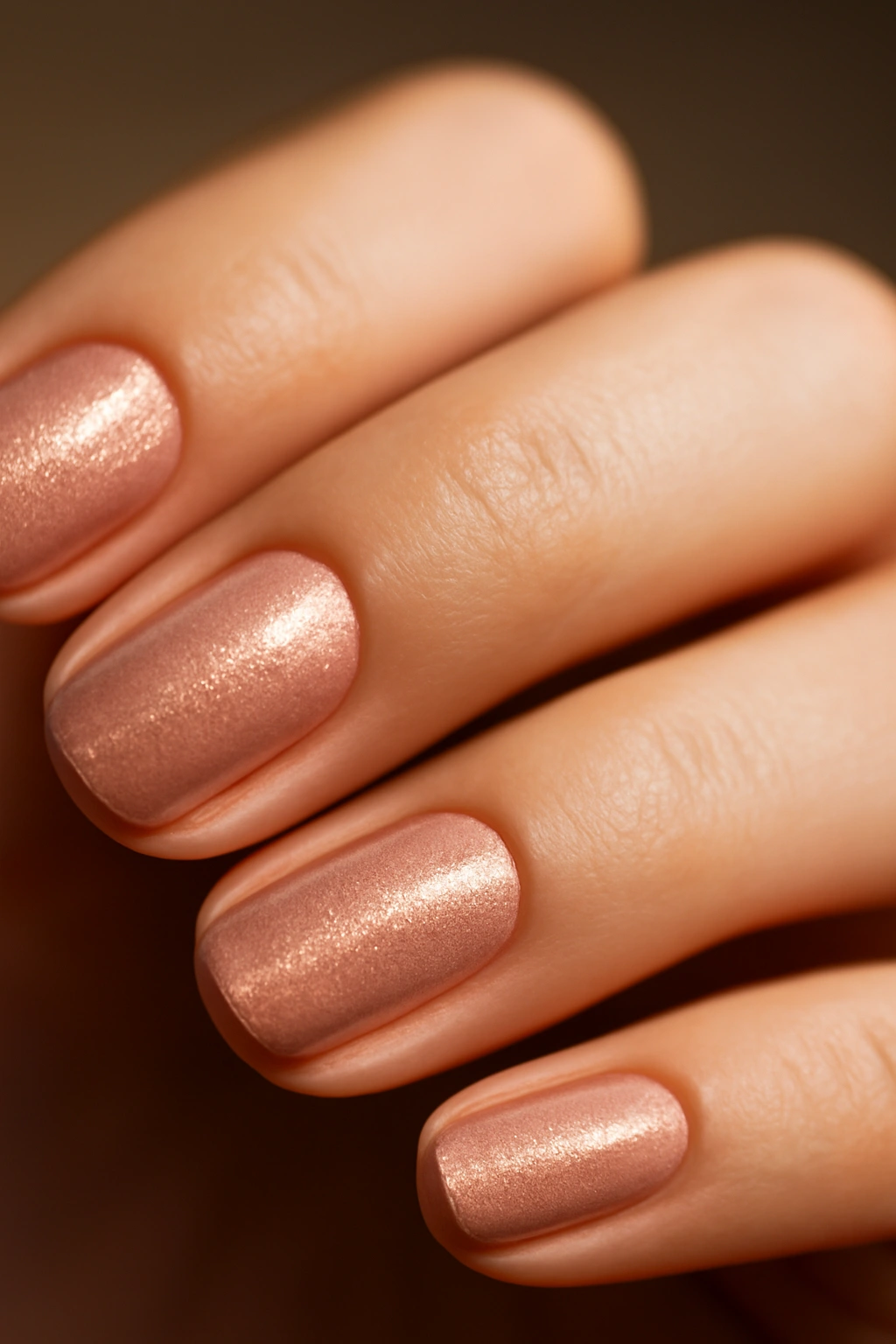 Close-up of rose gold shimmer nails with soft sparkle