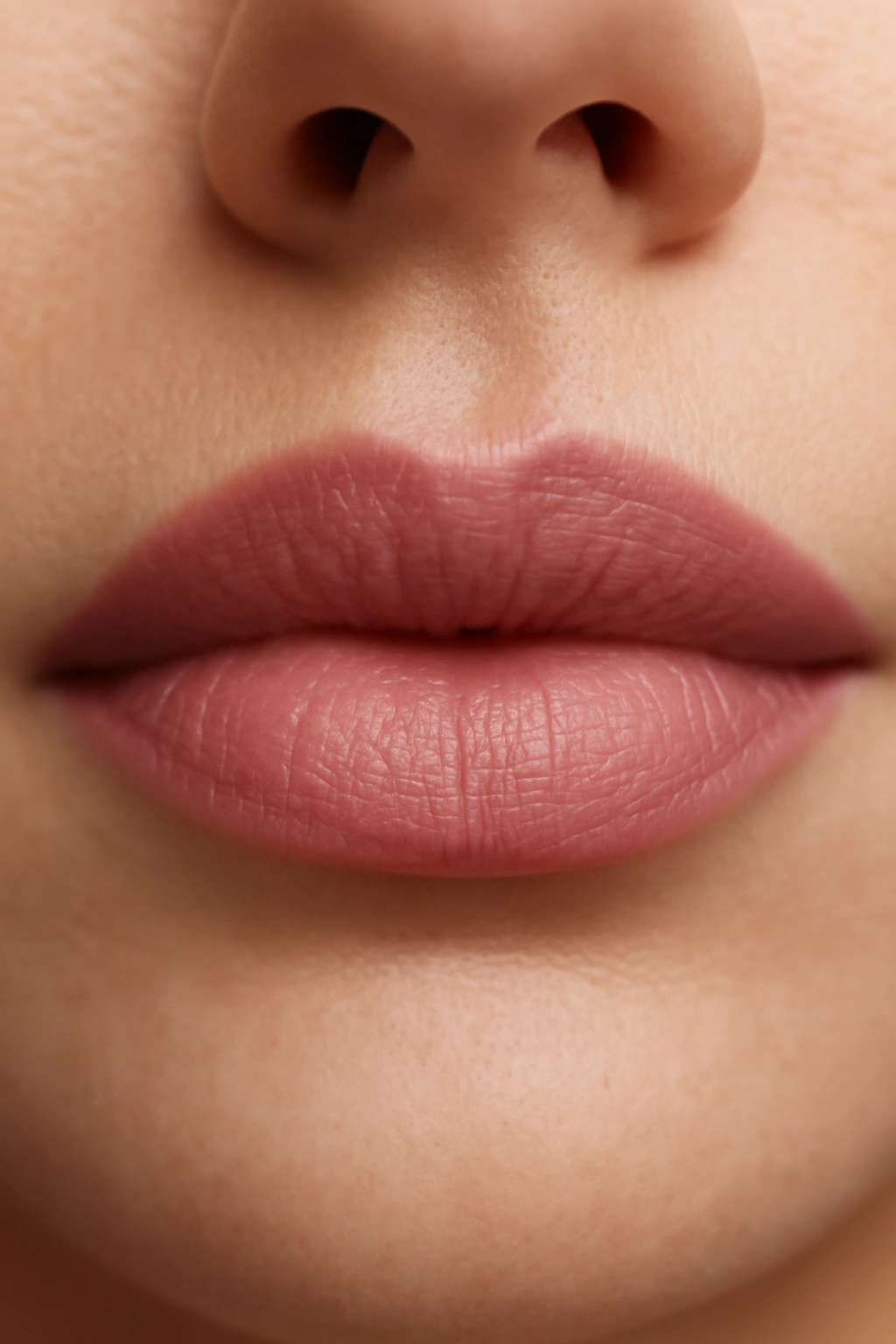 Close-up of lips in rose pink lipstick, natural and feminine