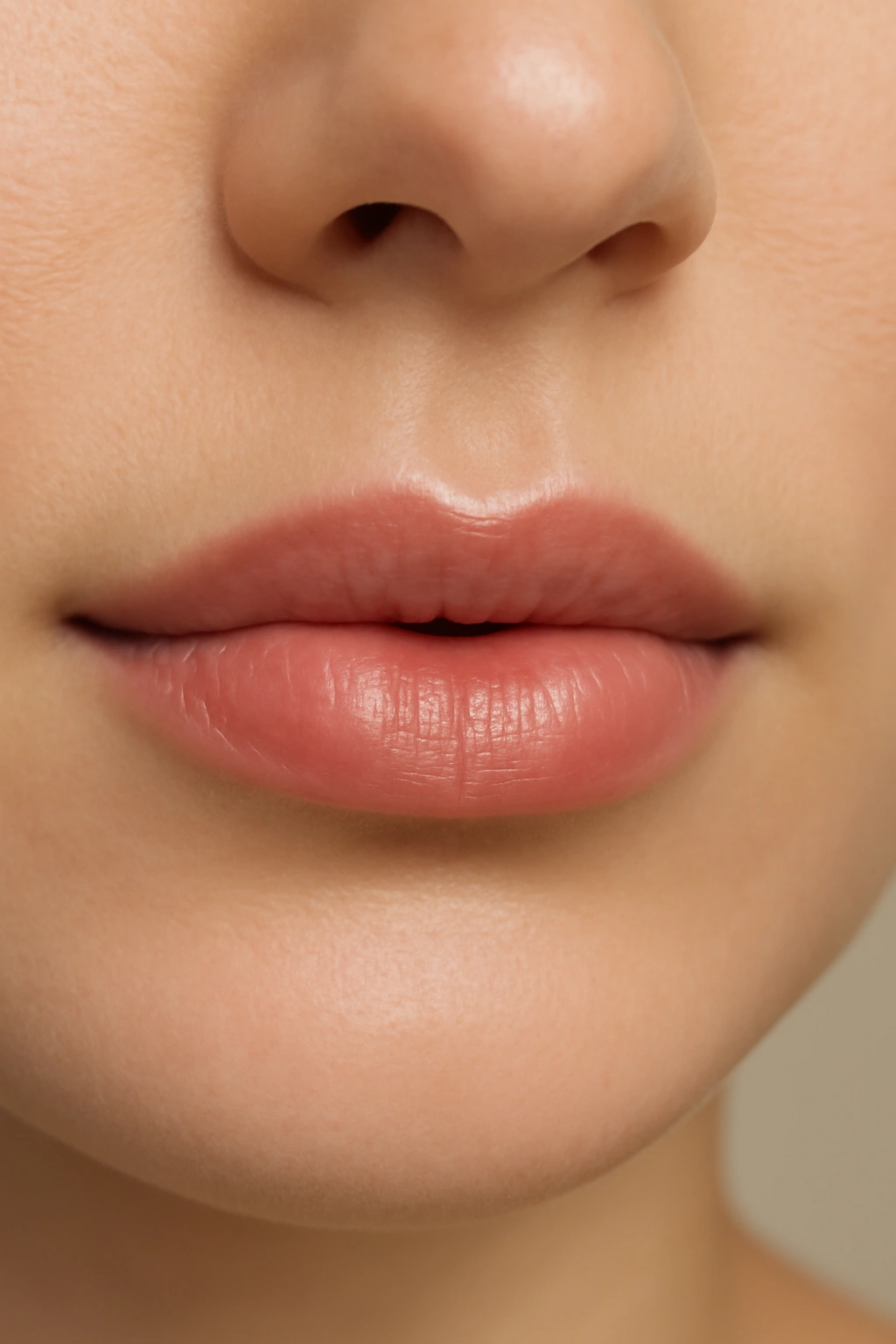 Close-up lips with rose tinted lip balm, hydrating natural look.
