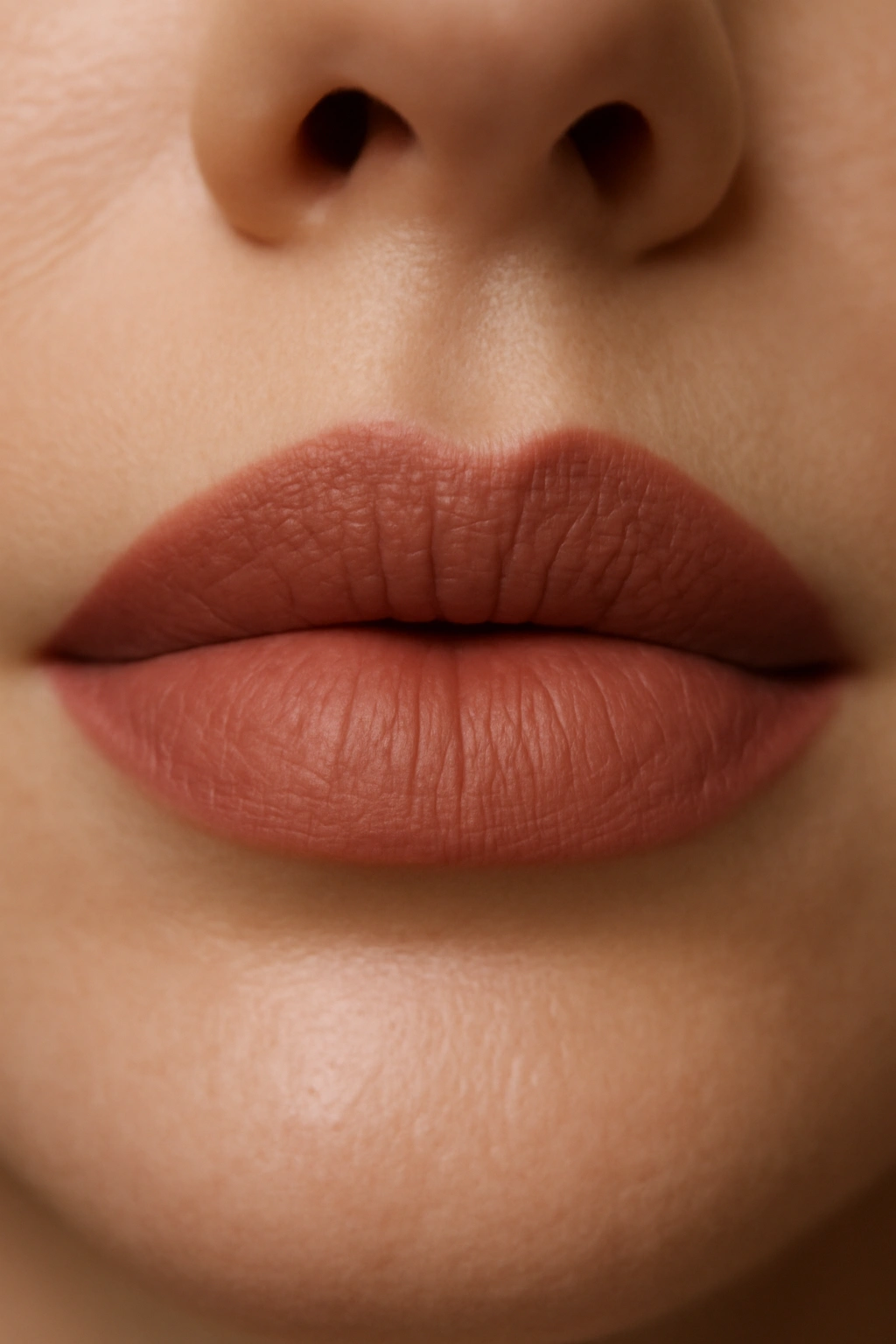 Close-up of lips wearing rosewood nude lipstick with rosy undertones.